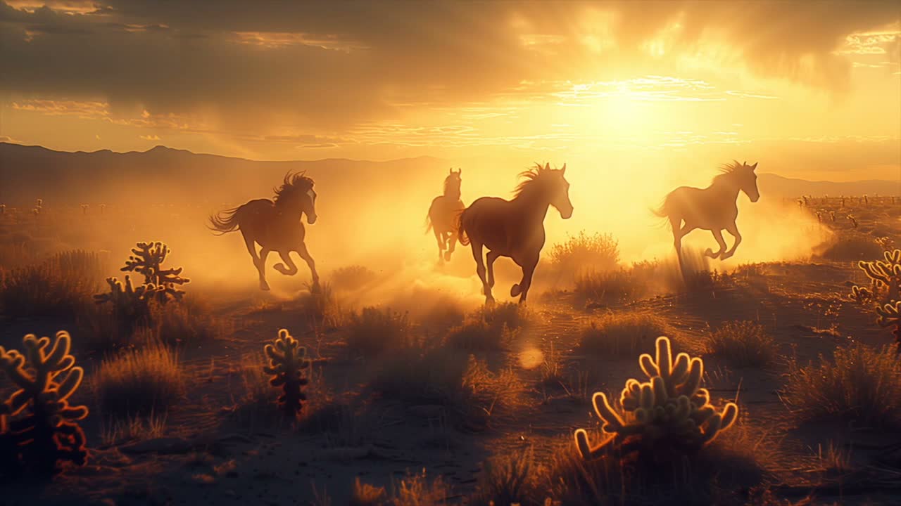 Horses running through dust